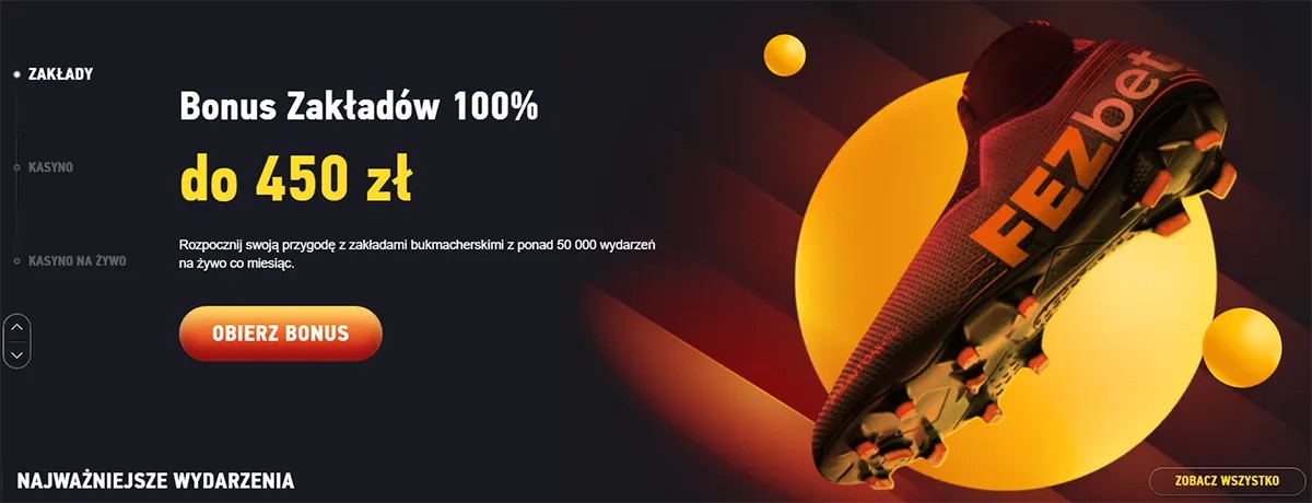 A Polish sportsbook promo banner offering a 100% betting bonus up to 450 zł, with a football boot graphic and a call-to-action button to claim the bonus.