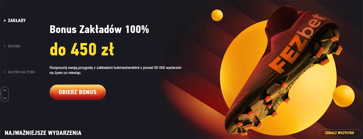 A Polish sportsbook promo banner offering a 100% betting bonus up to 450 zł, with a football boot graphic and a call-to-action button to claim the bonus.