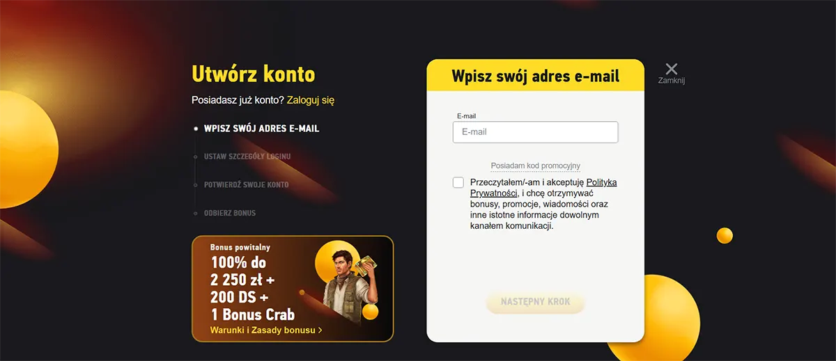 A Polish sign-up screen asking for an email address, showing a 100% welcome bonus up to 2,250 zł + 200 free spins + Bonus Crab, with a checkbox to accept the privacy policy and receive promotions.